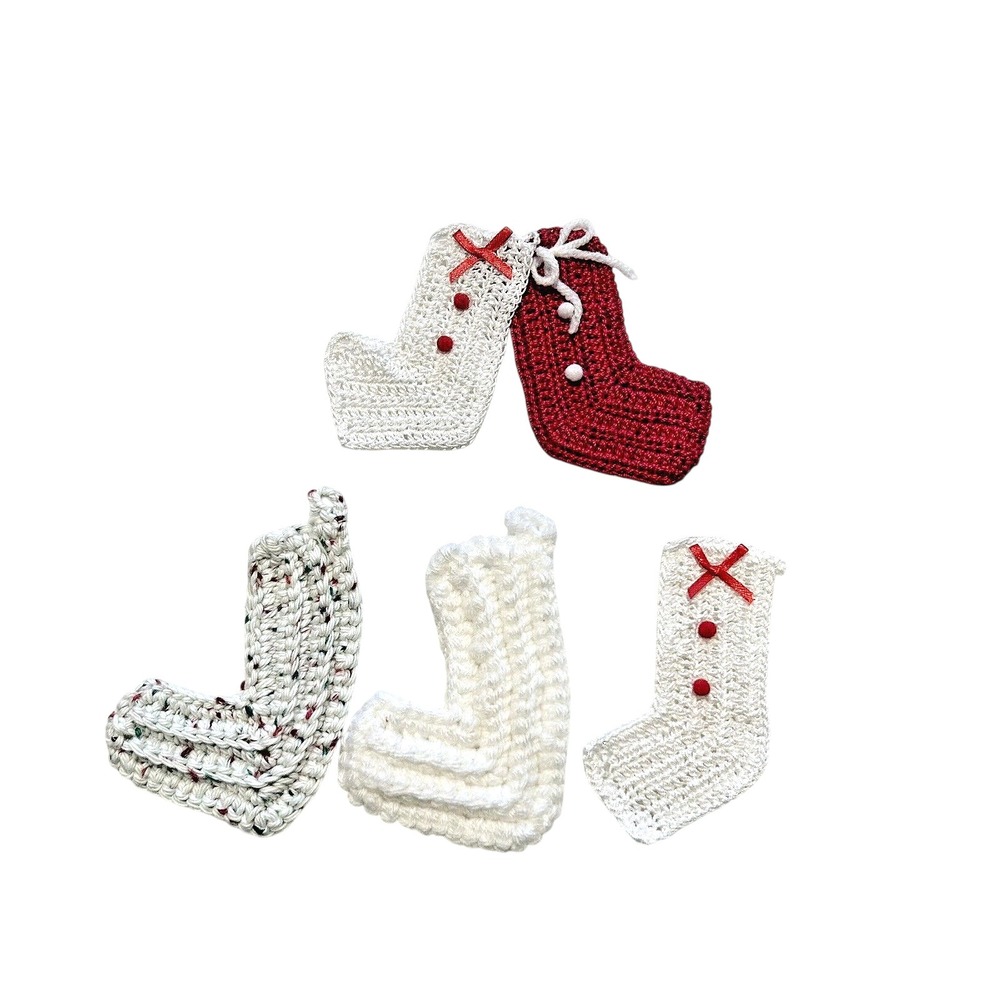 Handmade Crochet Christmas Stocking Ornaments Set 5 Red White Holiday Decor